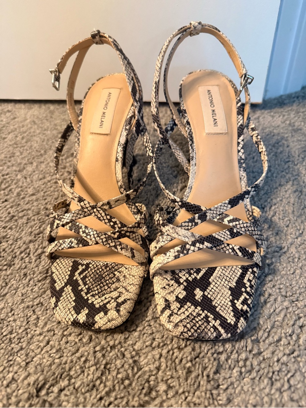 ANTONIO MELANI Black & Cream Snake-Print Strappy Heels